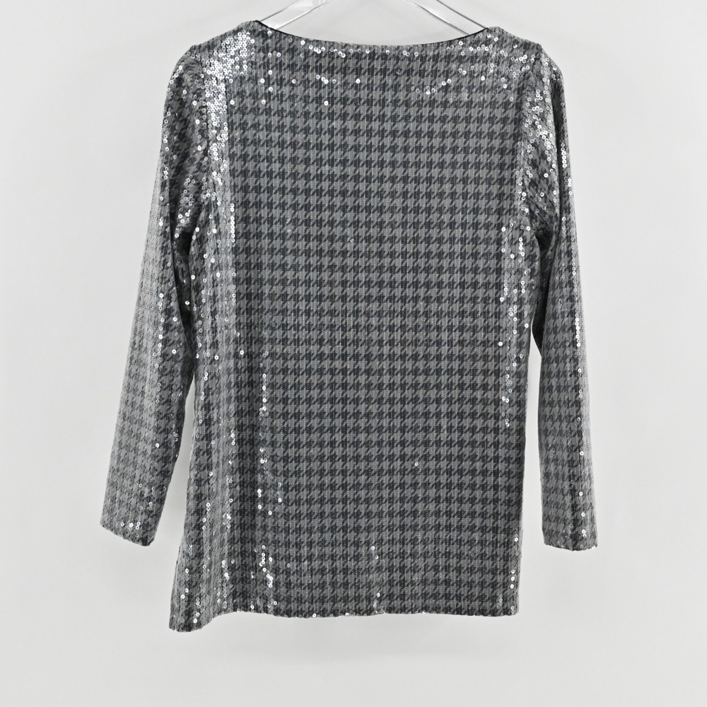 Chicos Womens Sequin Houndstooth Top Size S Silver Black Long Sleeve Tunic Glam - Picture 2 of 13